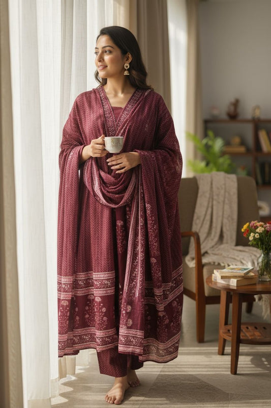 Elegant A-Line Block Printed Cotton Kurta Set
