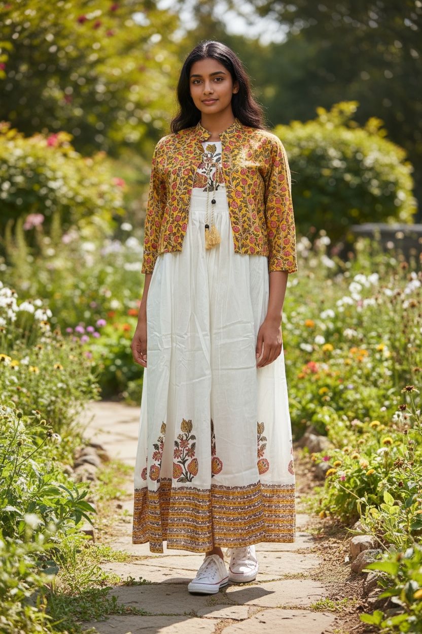 Off-White Mal Cotton Kurti/Dress Set with Printed Shrug