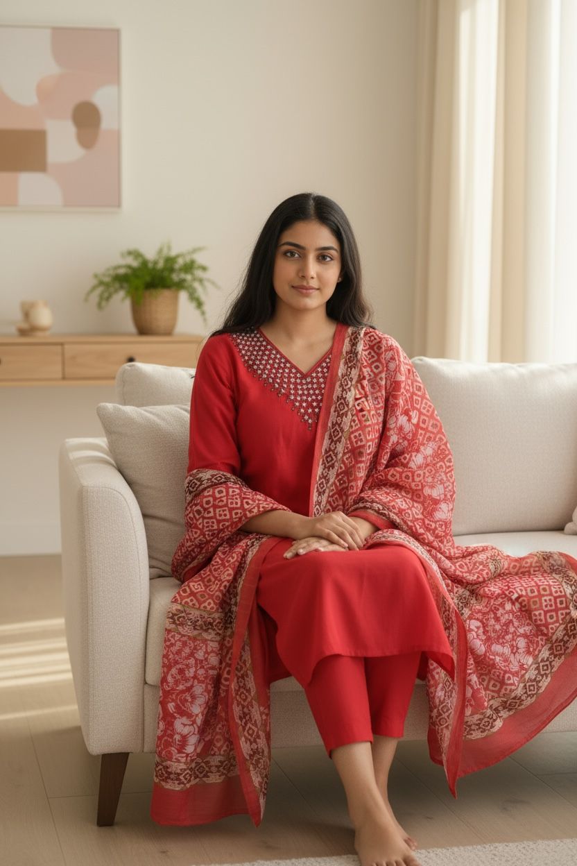 Bright pink Reyon-Silk Kurti Set with Orgenza Duppetta