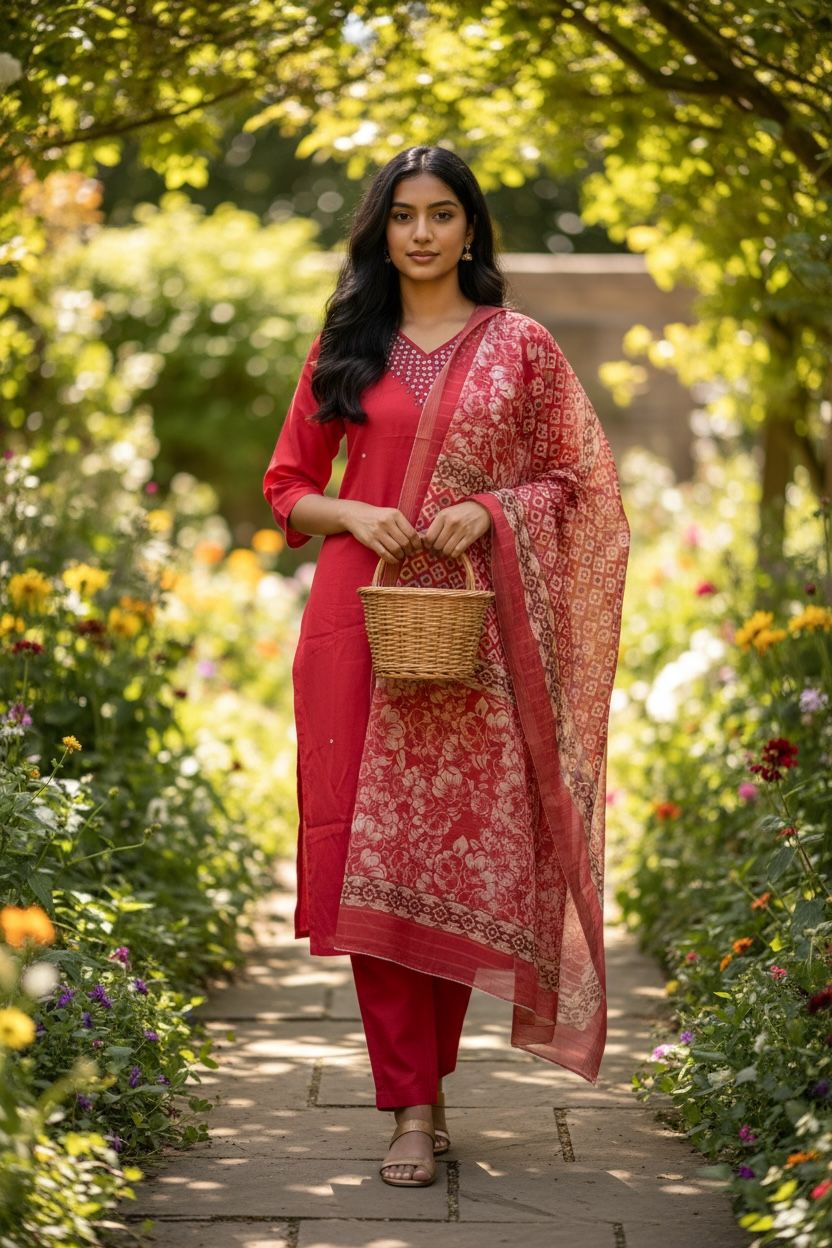 Bright pink Reyon-Silk Kurti Set with Orgenza Duppetta