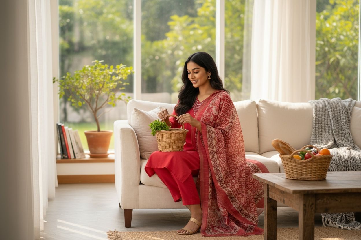 Bright pink Reyon-Silk Kurti Set with Orgenza Duppetta