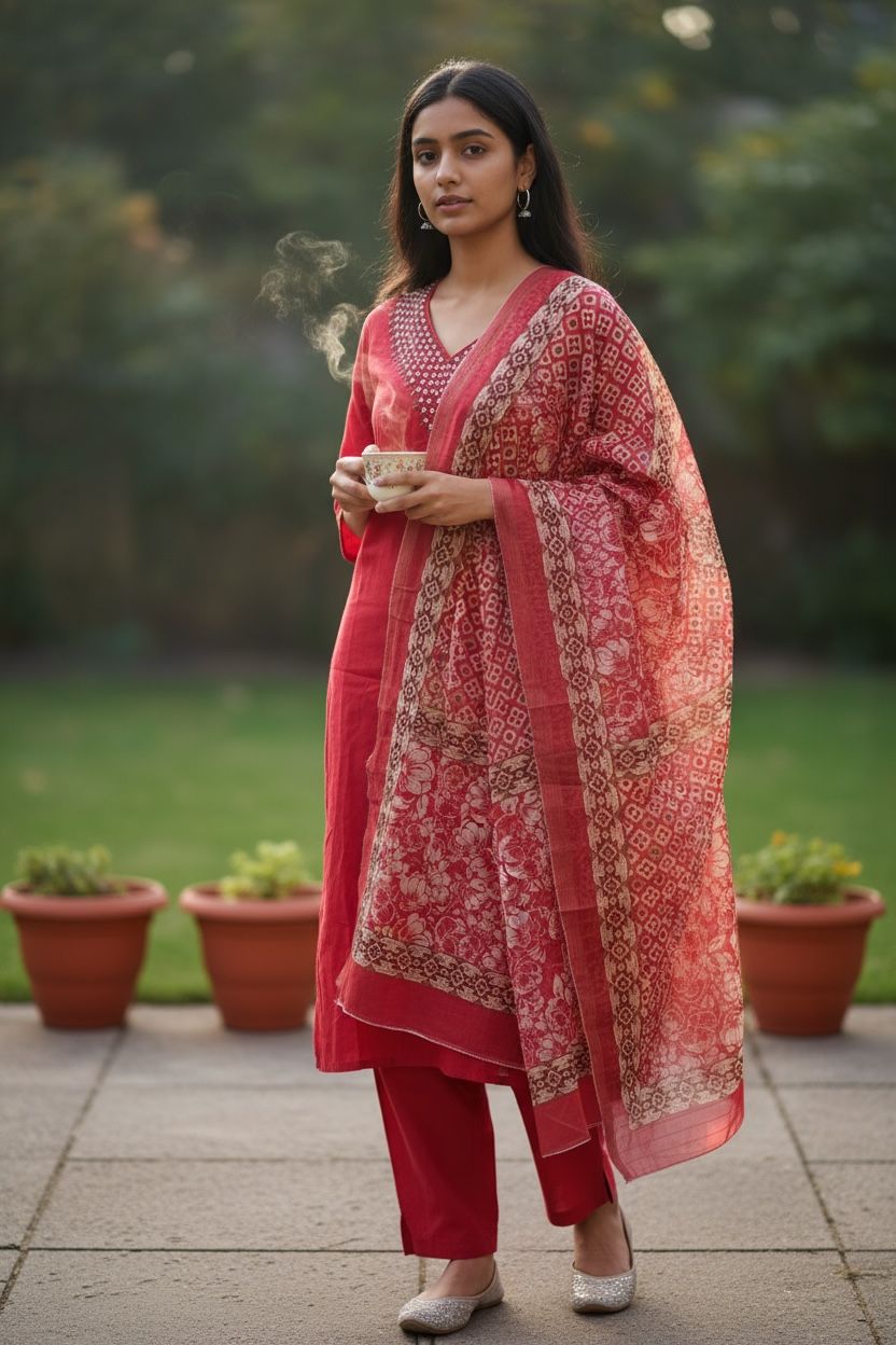 Bright pink Reyon-Silk Kurti Set with Orgenza Duppetta