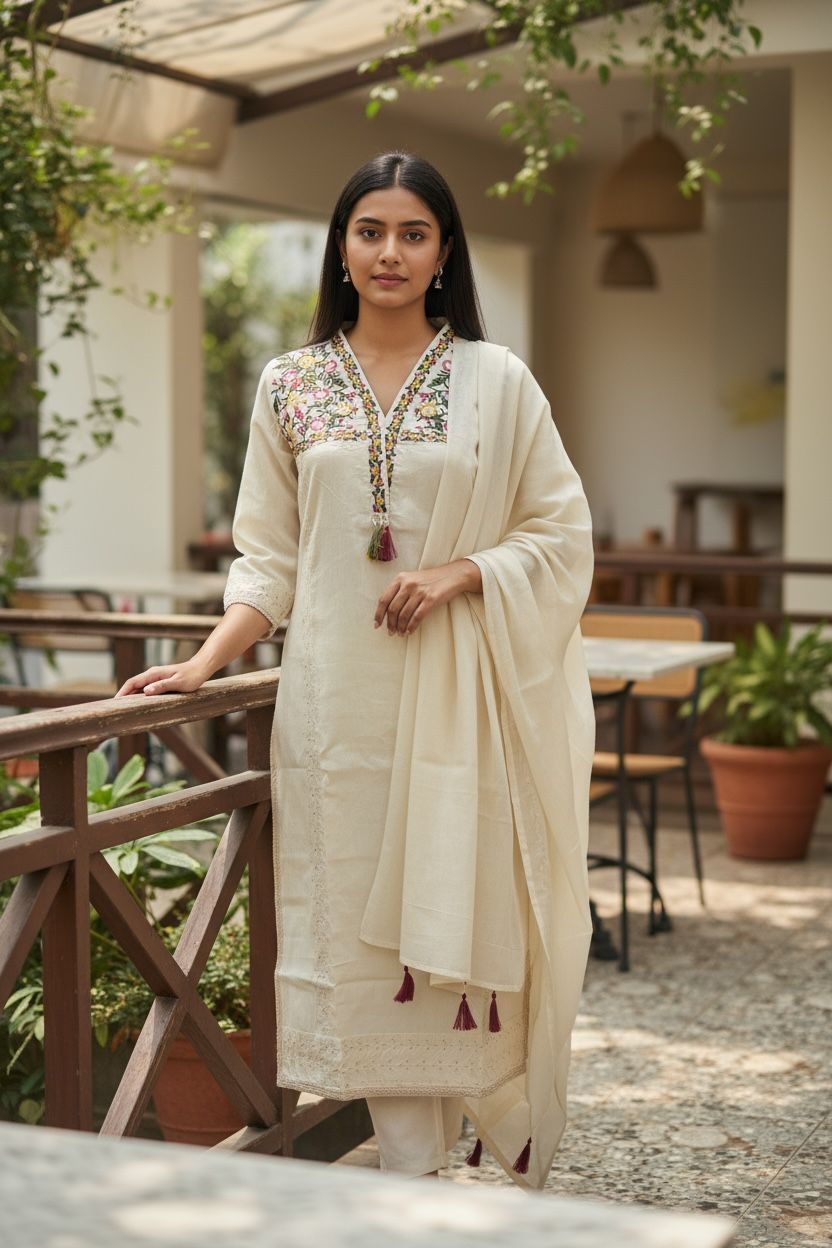 Pure Khadi Cotton Fabric Cream Kurta Set for Women |