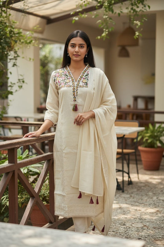 Pure Khadi Cotton Fabric Cream Kurta Set for Women |