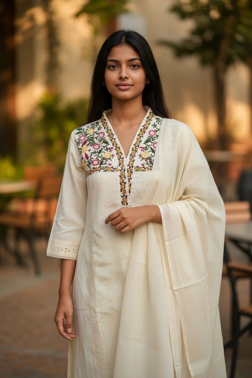 Pure Khadi Cotton Fabric Cream Kurta Set for Women |