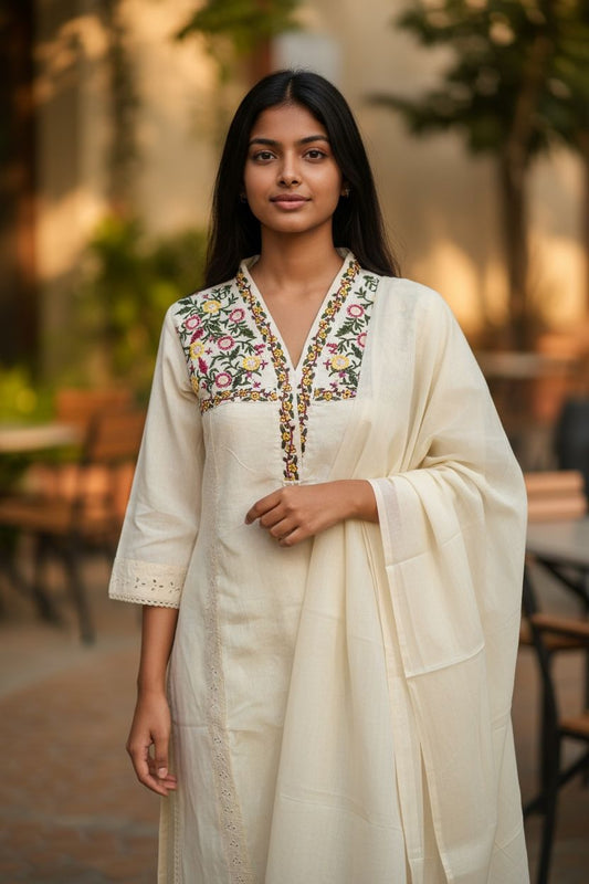 Pure Khadi Cotton Fabric Cream Kurta Set for Women |