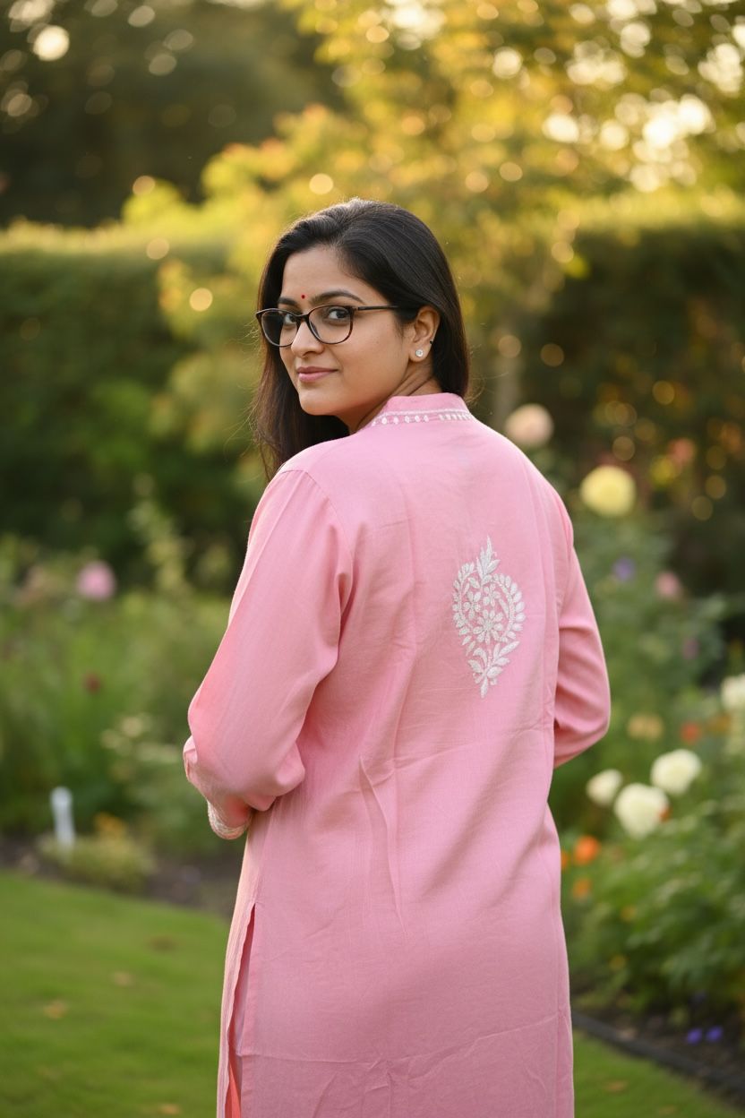 Muslin Silk Chikankari Pink Kurti with Thread worked Pant