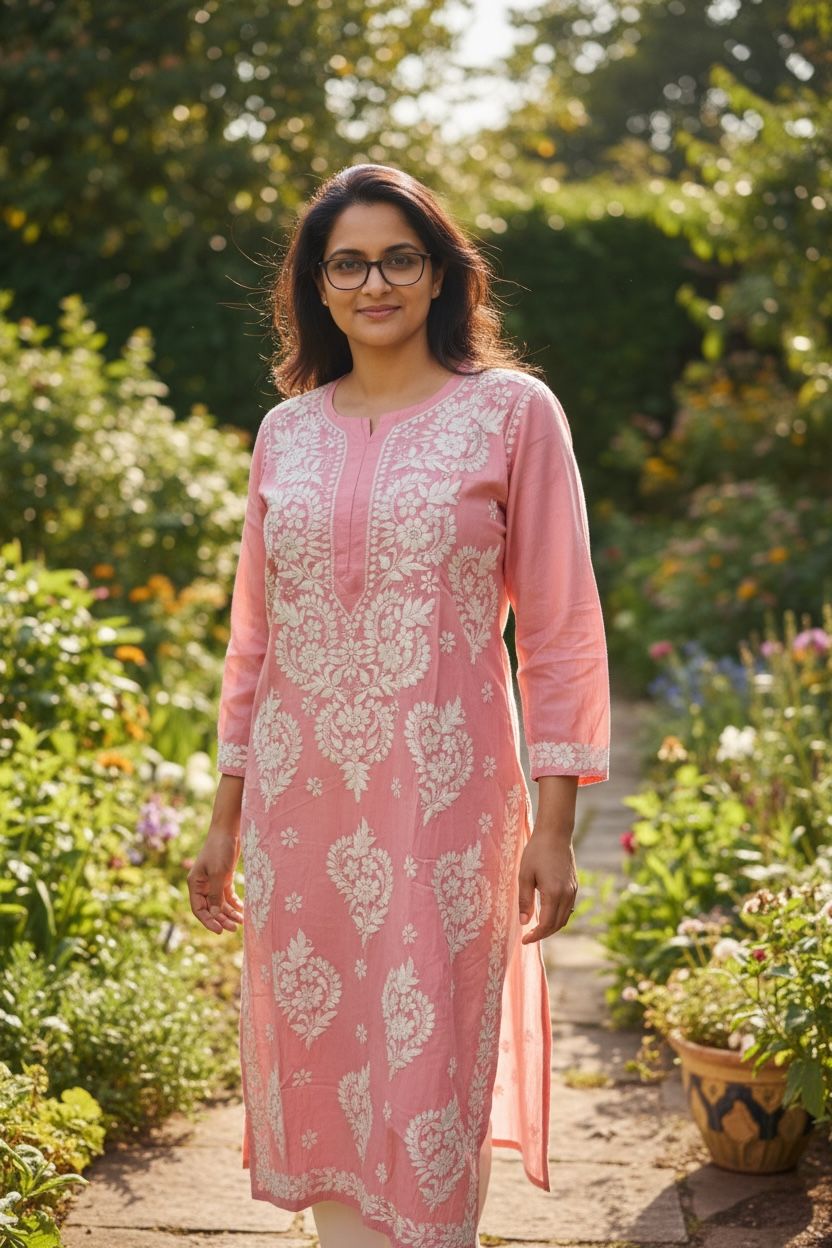 Muslin Silk Chikankari Pink Kurti with Thread worked Pant