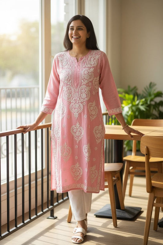Muslin Silk Chikankari Pink Kurti with Thread worked Pant
