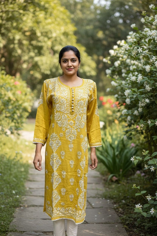 Mango Yellow - Rayon Chikankari Kurti with Thread worked Pant