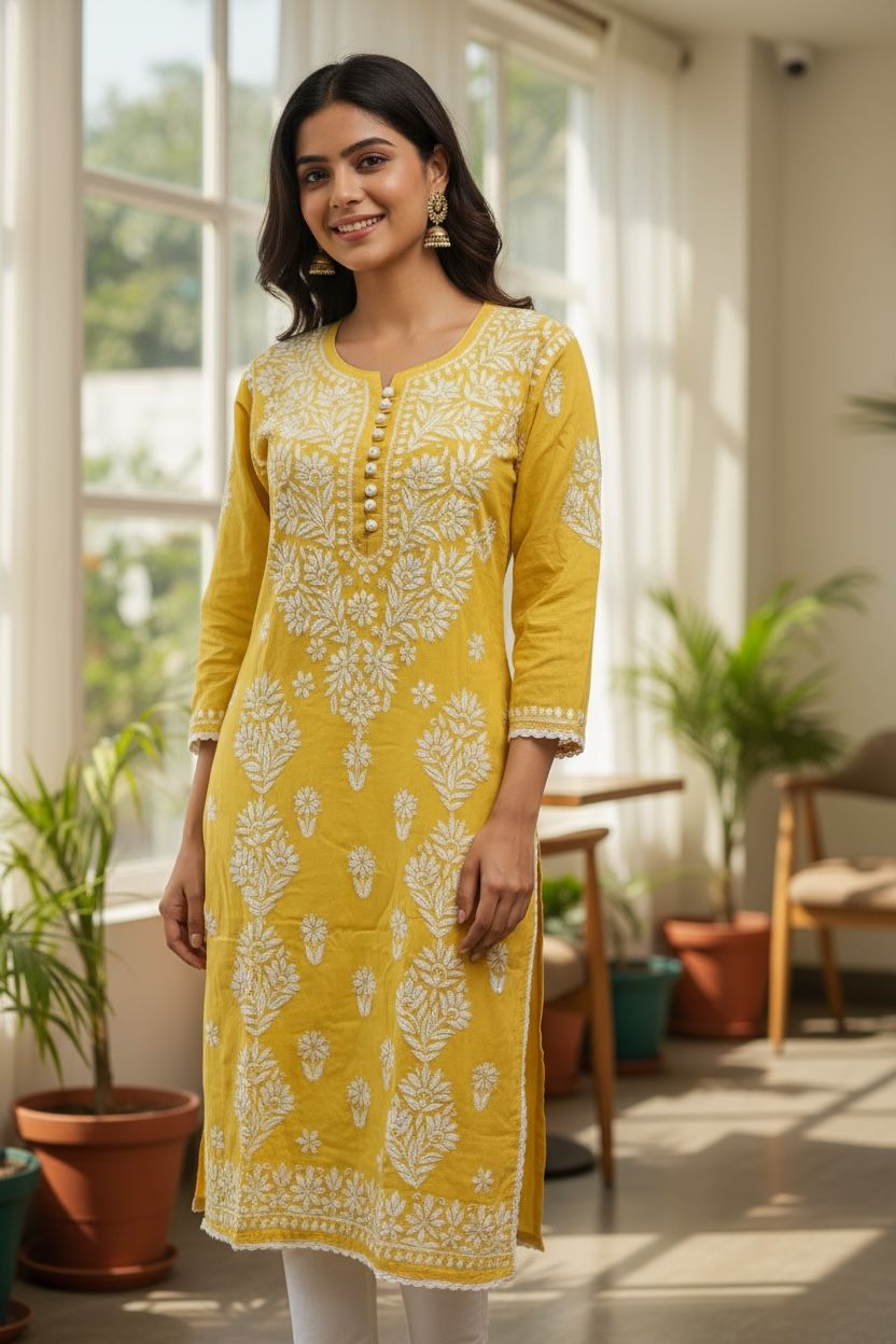 Mango Yellow - Rayon Chikankari Kurti with Thread worked Pant