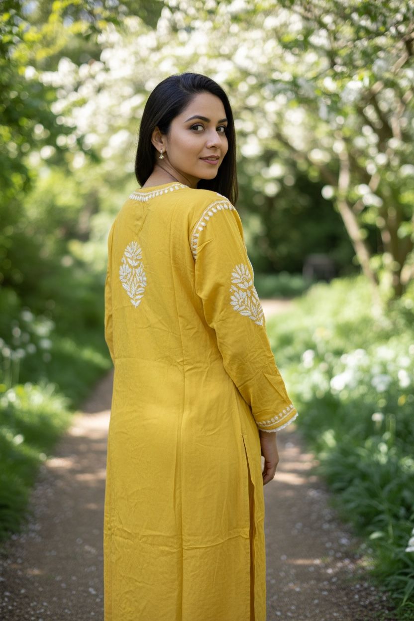 Mango Yellow - Rayon Chikankari Kurti with Thread worked Pant