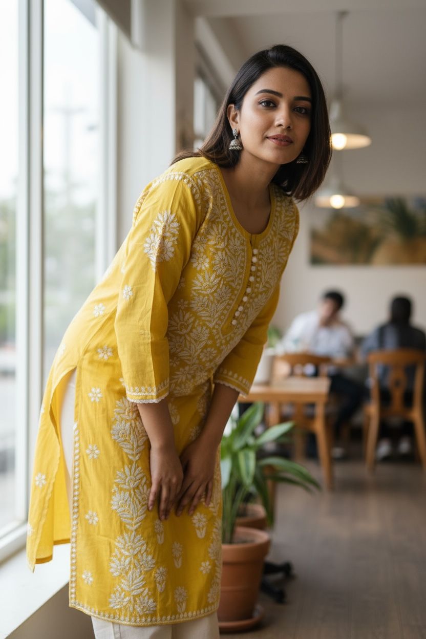 Mango Yellow - Rayon Chikankari Kurti with Thread worked Pant