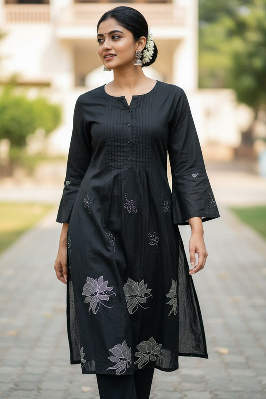 Black- Floral Printed Round Neck Anarkali Kurta With Trousers & Dupatta