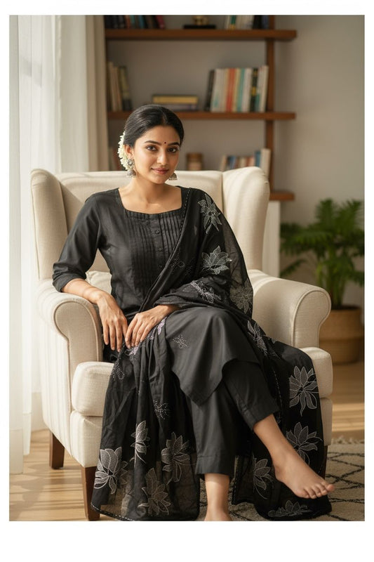 Black- Floral Printed Round Neck Anarkali Kurta With Trousers & Dupatta