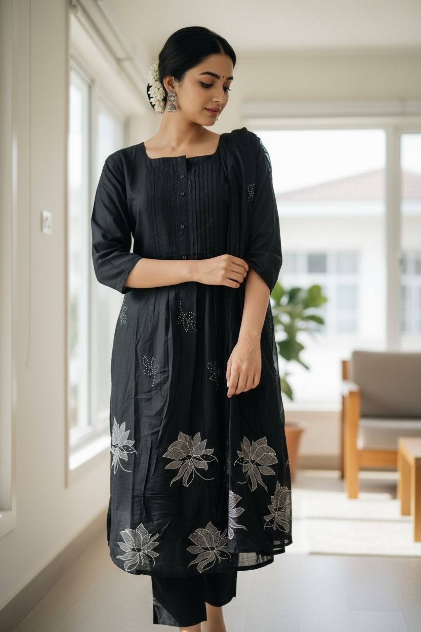 Black- Floral Printed Round Neck Anarkali Kurta With Trousers & Dupatta