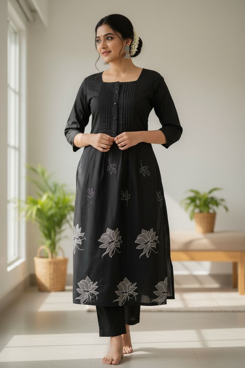 Black- Floral Printed Round Neck Anarkali Kurta With Trousers & Dupatta