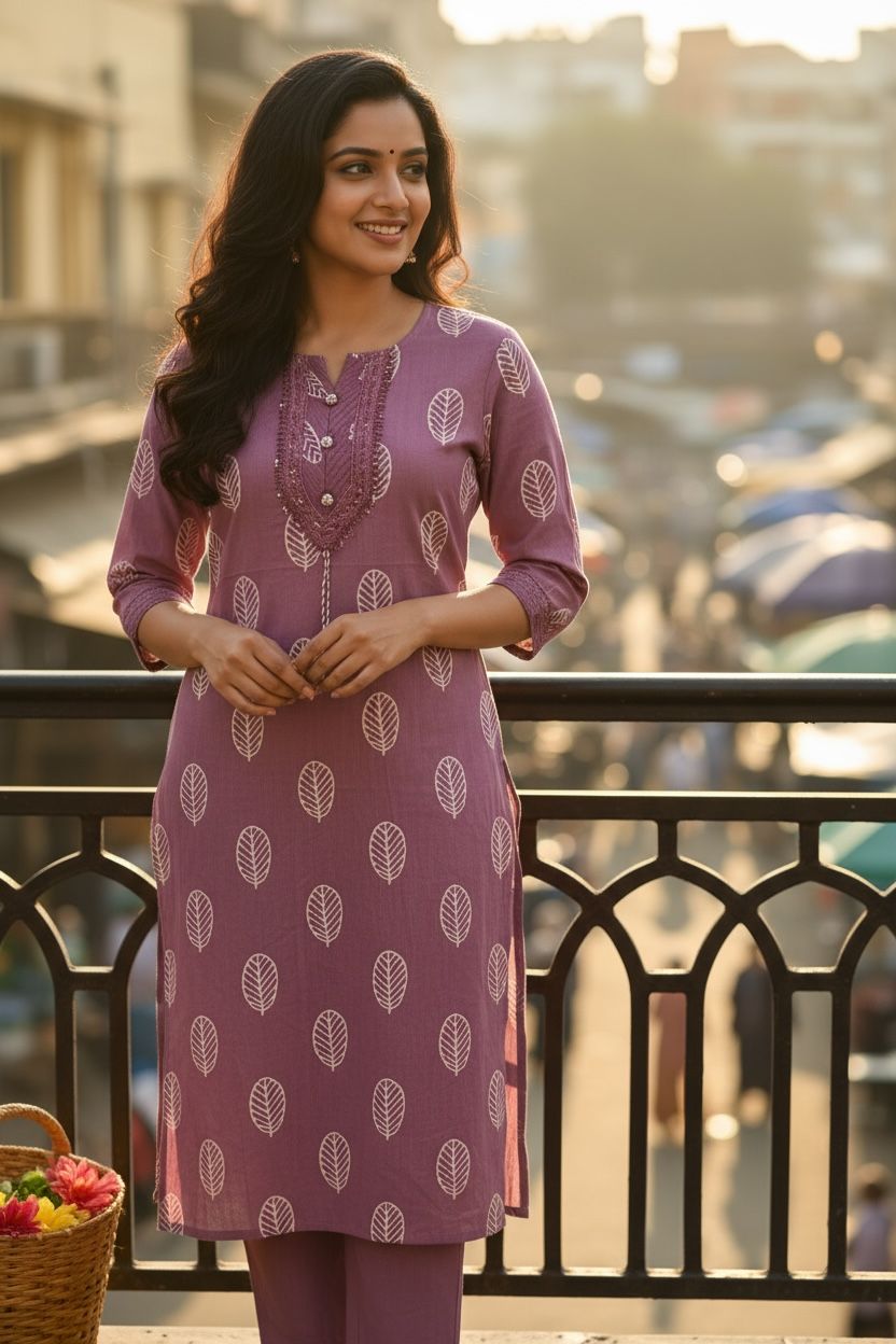 Purple leaf printed cotton daily wear kurti set with thread work straight pant and cotton mul dupatta
