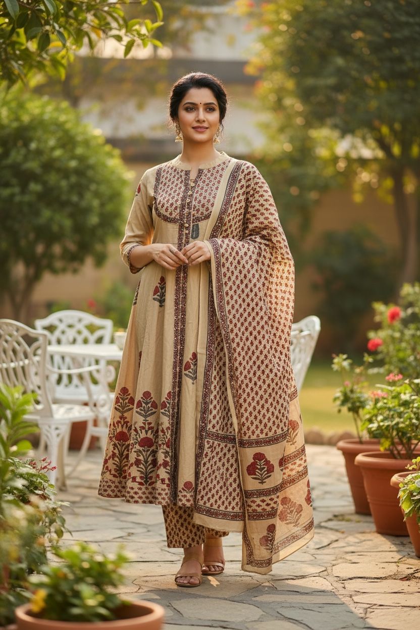 Printed Anarkali Kurti with Dupatta Set