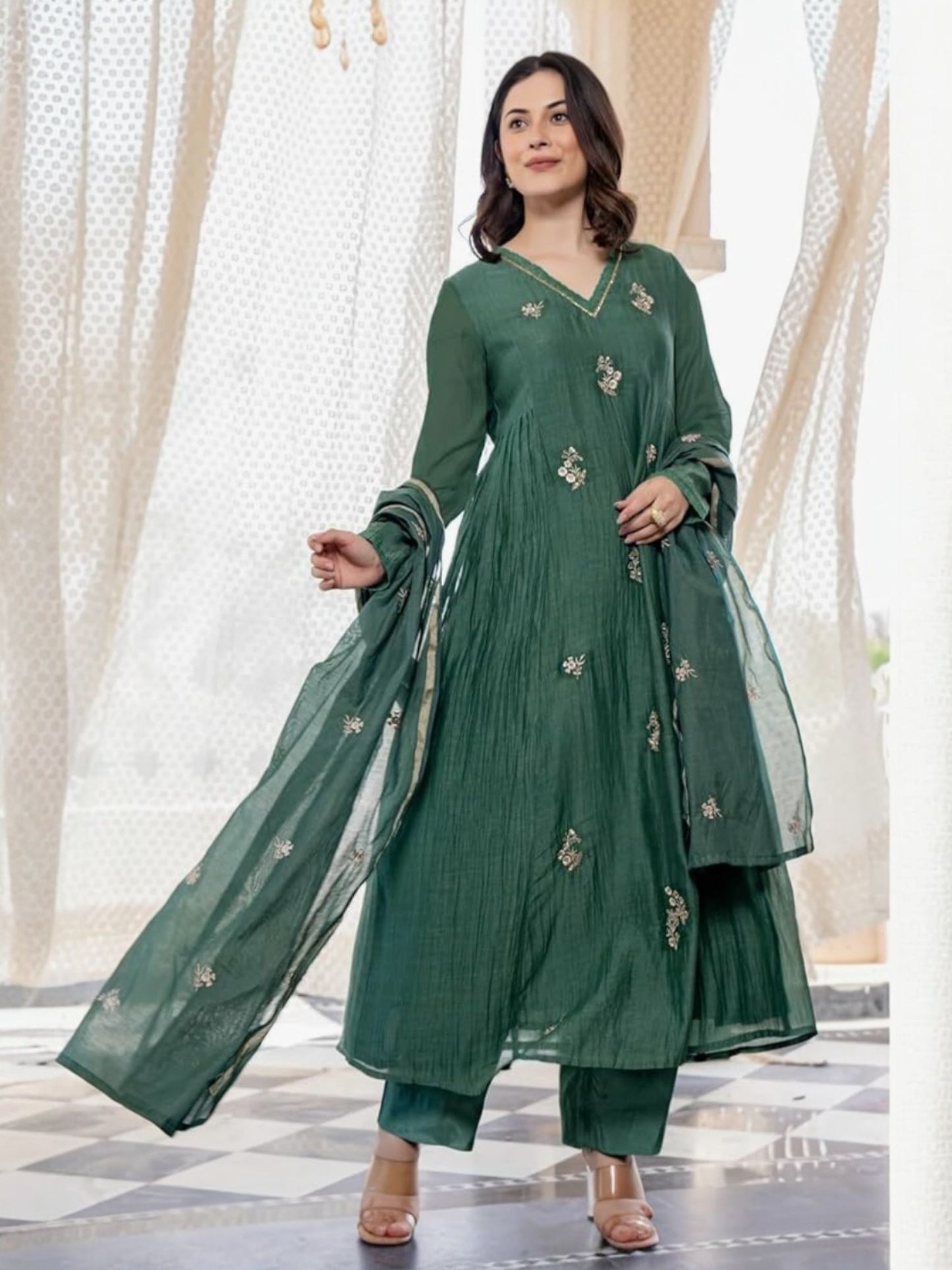 Embroideried Solid Anarkali Kurta and Pant Set with Dupatta