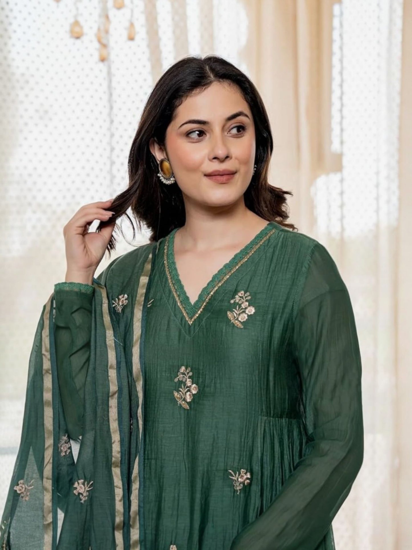 Embroideried Solid Anarkali Kurta and Pant Set with Dupatta