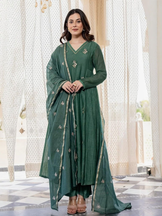 Embroideried Solid Anarkali Kurta and Pant Set with Dupatta