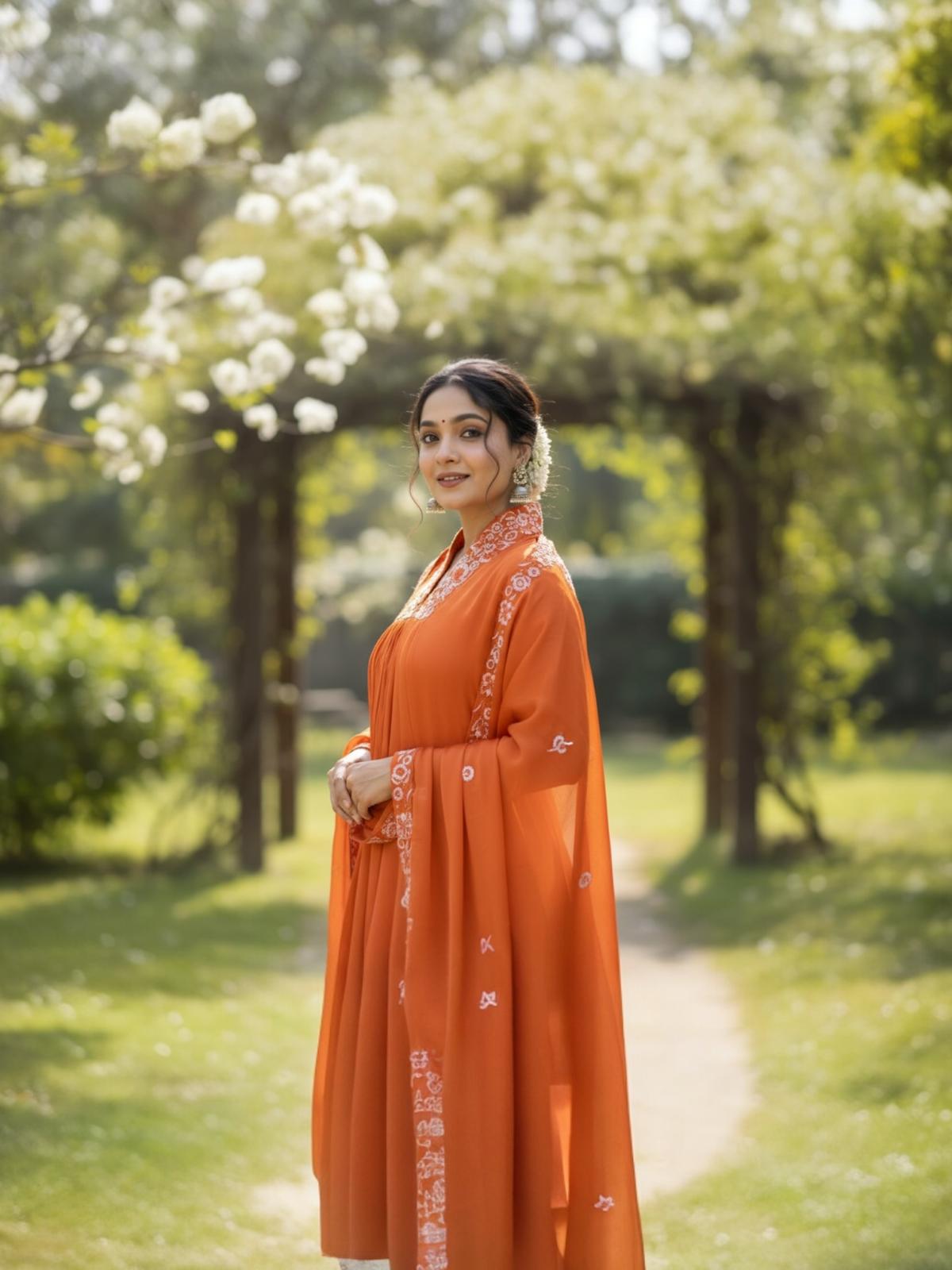 Burnt Orange Women Solid Embroidery Kurta and Pant Set with Dupatta