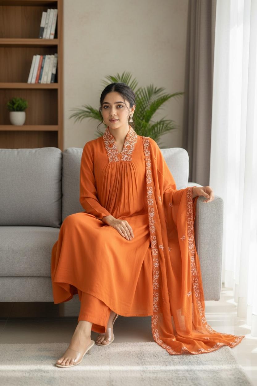 Burnt Orange Women Solid Embroidery Kurta and Pant Set with Dupatta