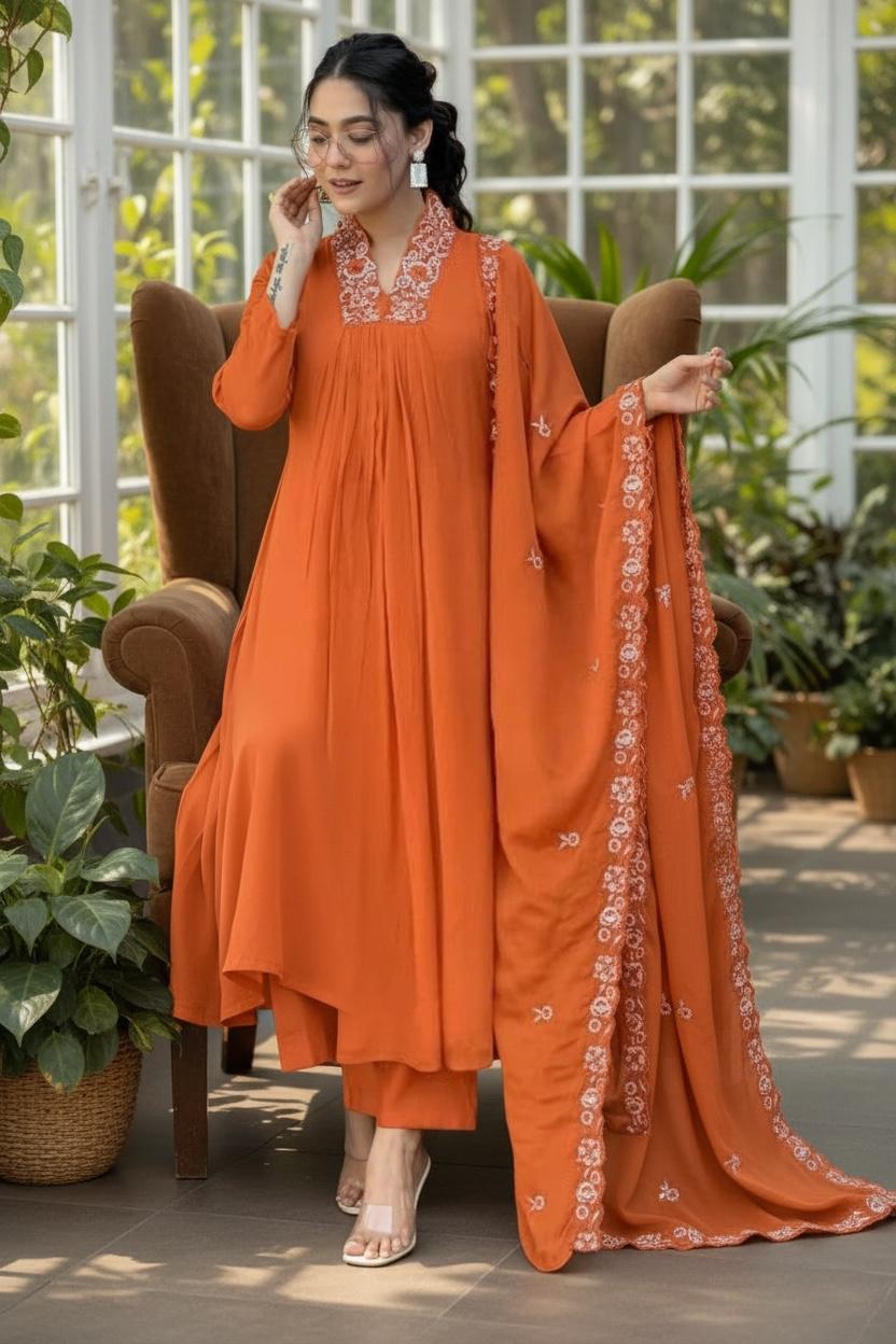 Burnt Orange Women Solid Embroidery Kurta and Pant Set with Dupatta