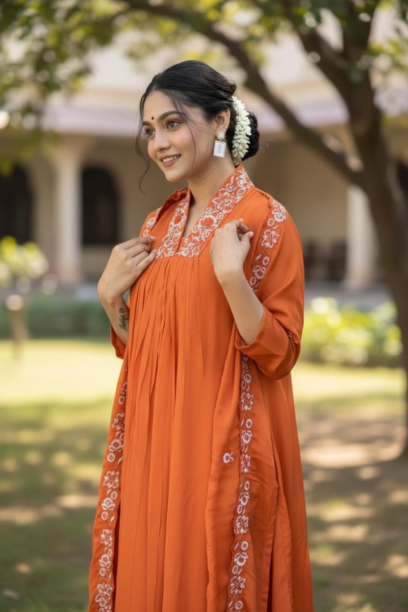 Burnt Orange Women Solid Embroidery Kurta and Pant Set with Dupatta