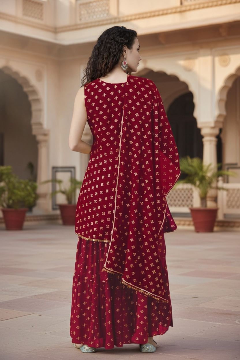 Women's Rayon Printed Anarkali Kurti with Sharara and Dupatta Set