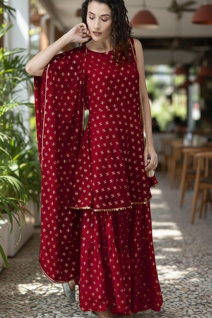 Women's Rayon Printed Anarkali Kurti with Sharara and Dupatta Set