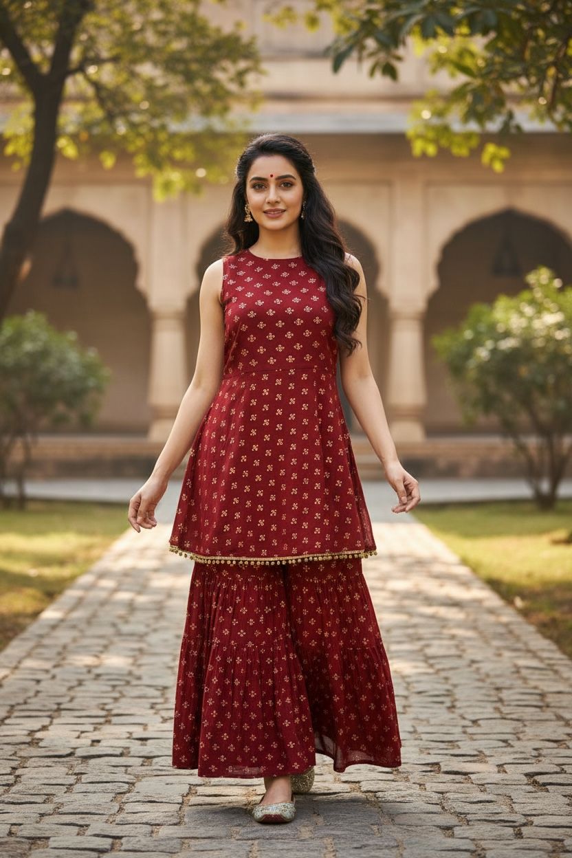 Women's Rayon Printed Anarkali Kurti with Sharara and Dupatta Set