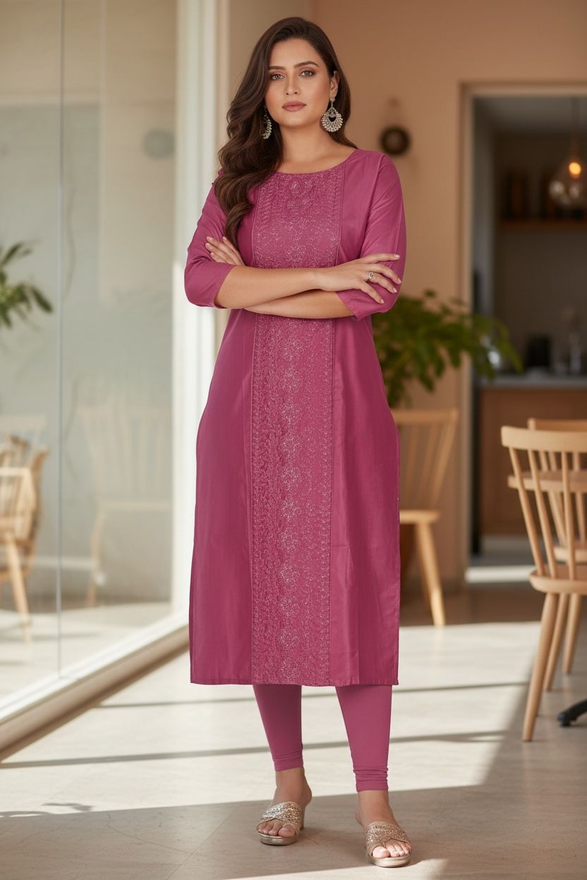 Women's Chanderi Cotton Embroidered Kurti(Top only)