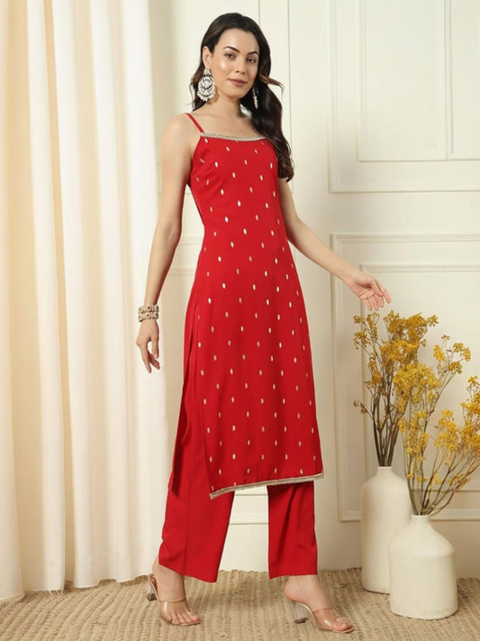 Women's Red Rayon Kurta and Palazzo Set with Matching Dupatta