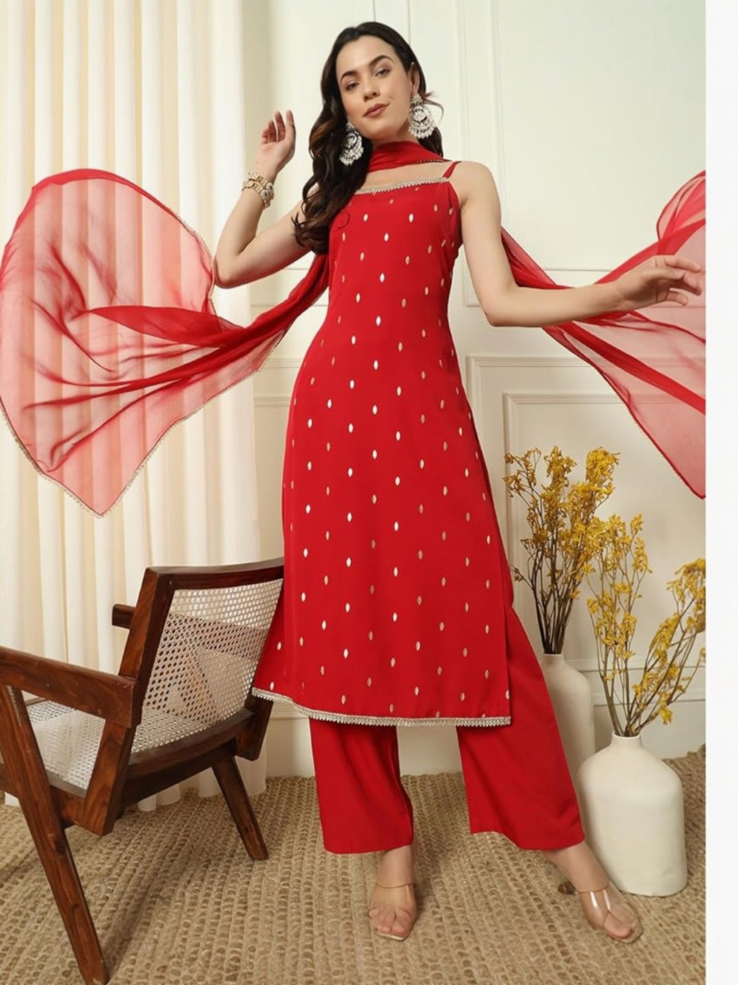 Women's Red Rayon Kurta and Palazzo Set with Matching Dupatta