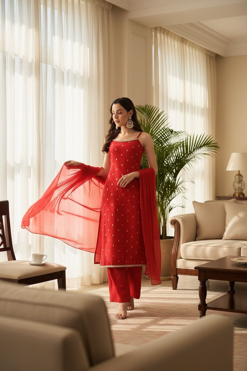 Women's Red Rayon Kurta and Palazzo Set with Matching Dupatta