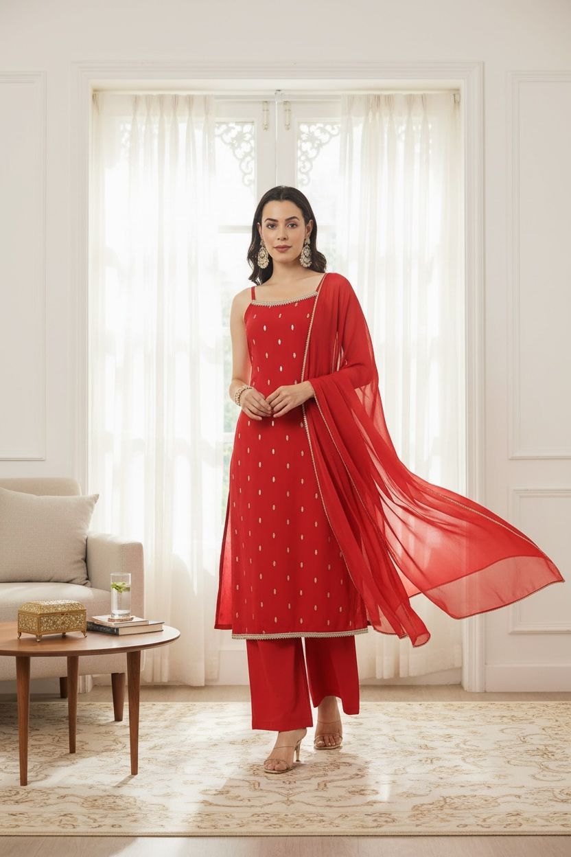 Women's Red Rayon Kurta and Palazzo Set with Matching Dupatta