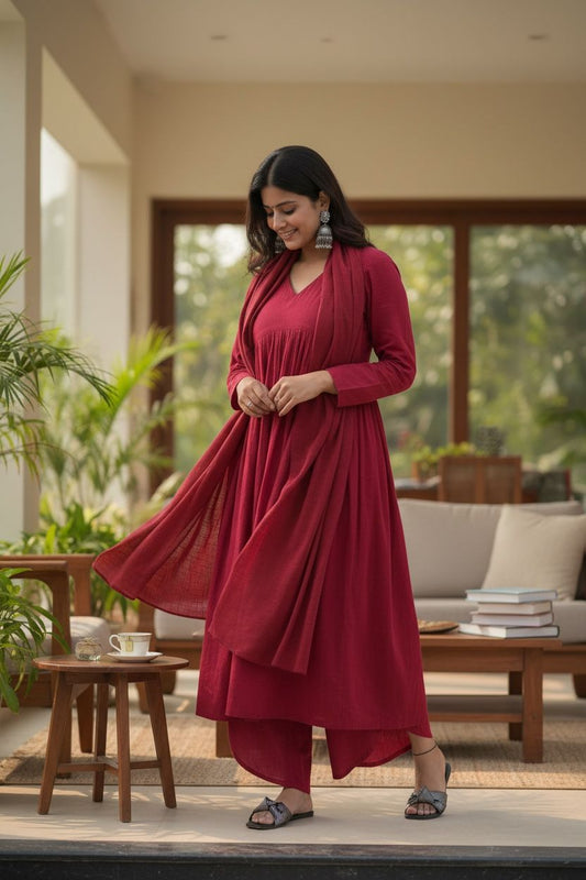 Women's Rayon Viscose A-Line Solid Kurta with Palazzo & Dupatta
