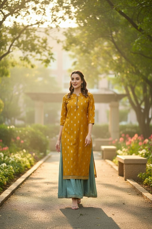 Womens Mustard yellow Midi Silk Blend Print Anarkali Ethnic Dress