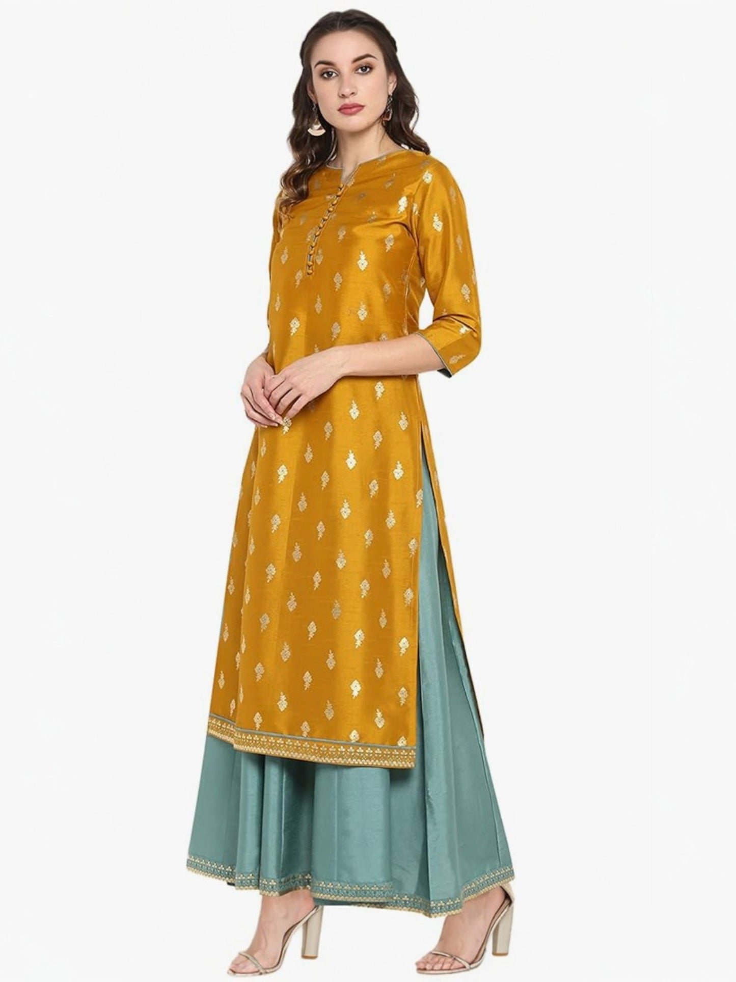 Womens Mustard yellow Midi Silk Blend Print Anarkali Ethnic Dress