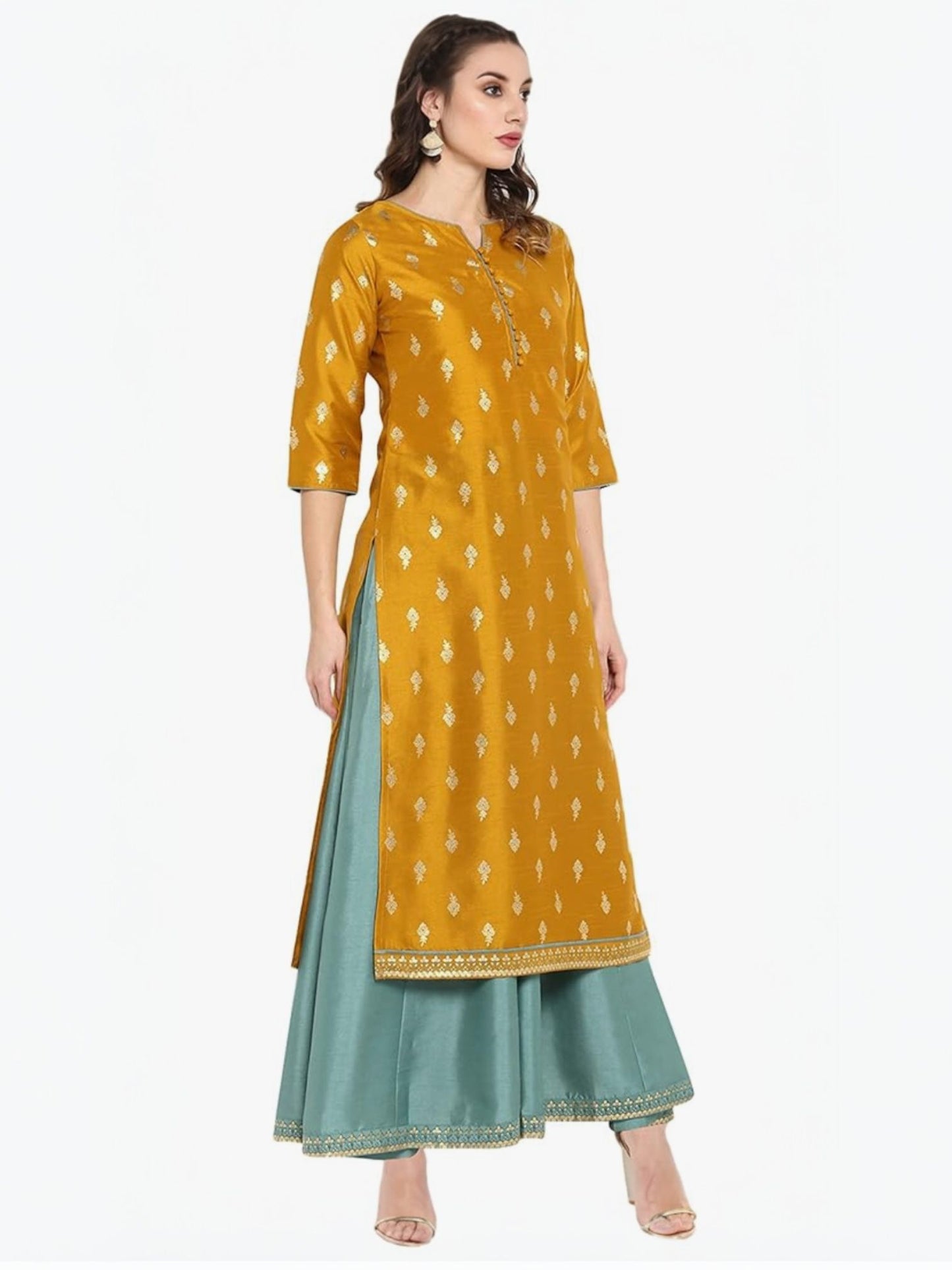Womens Mustard yellow Midi Silk Blend Print Anarkali Ethnic Dress
