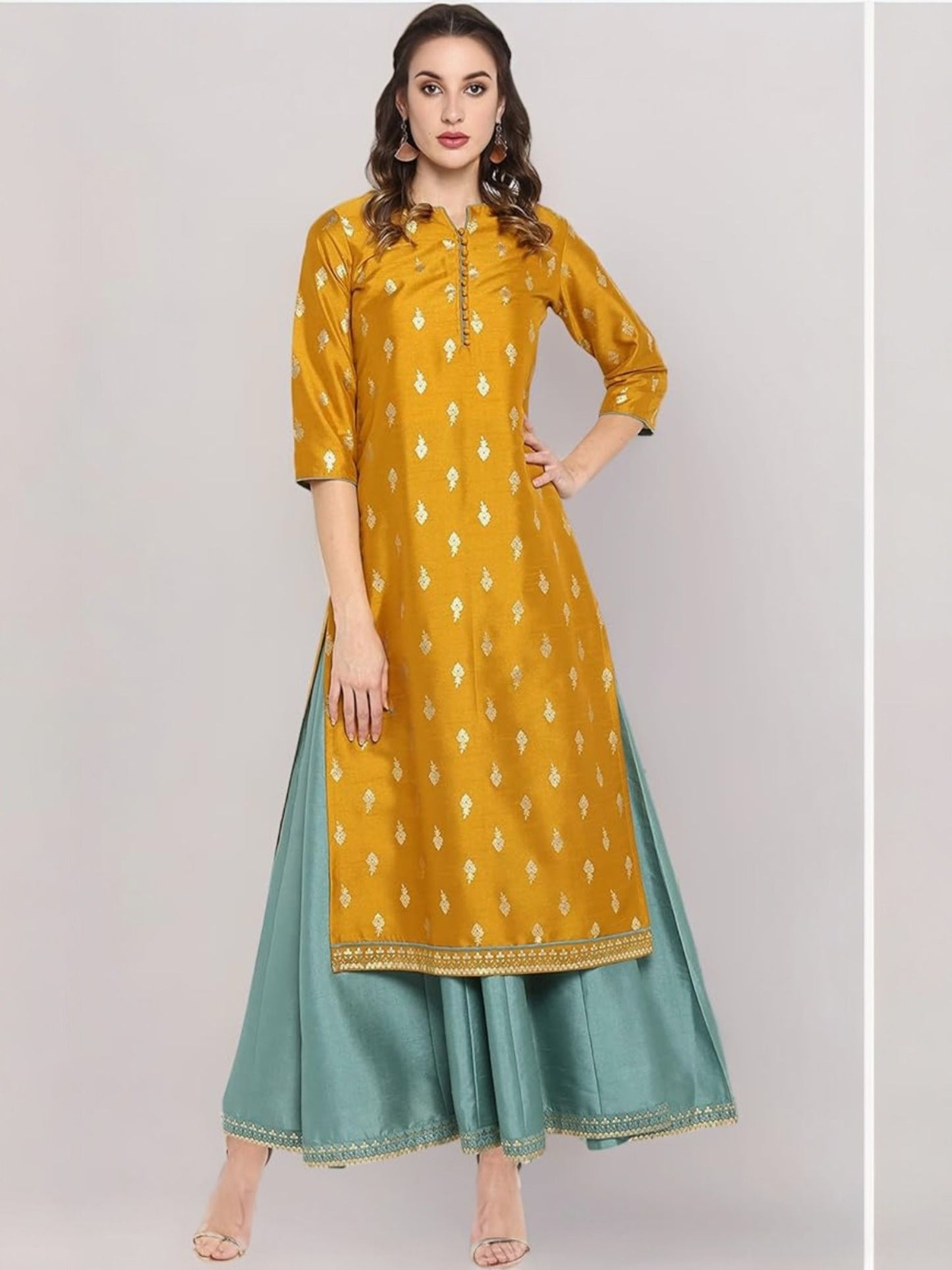 Womens Mustard yellow Midi Silk Blend Print Anarkali Ethnic Dress