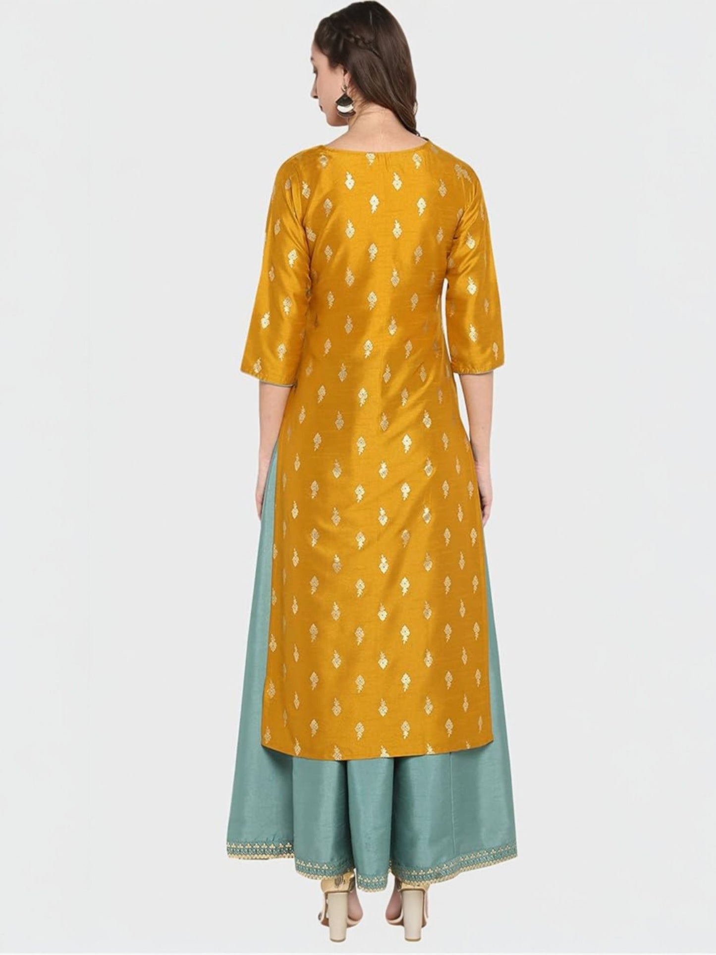 Womens Mustard yellow Midi Silk Blend Print Anarkali Ethnic Dress