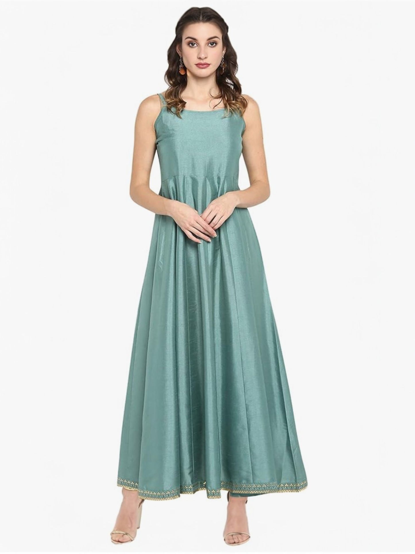 Womens Mustard yellow Midi Silk Blend Print Anarkali Ethnic Dress