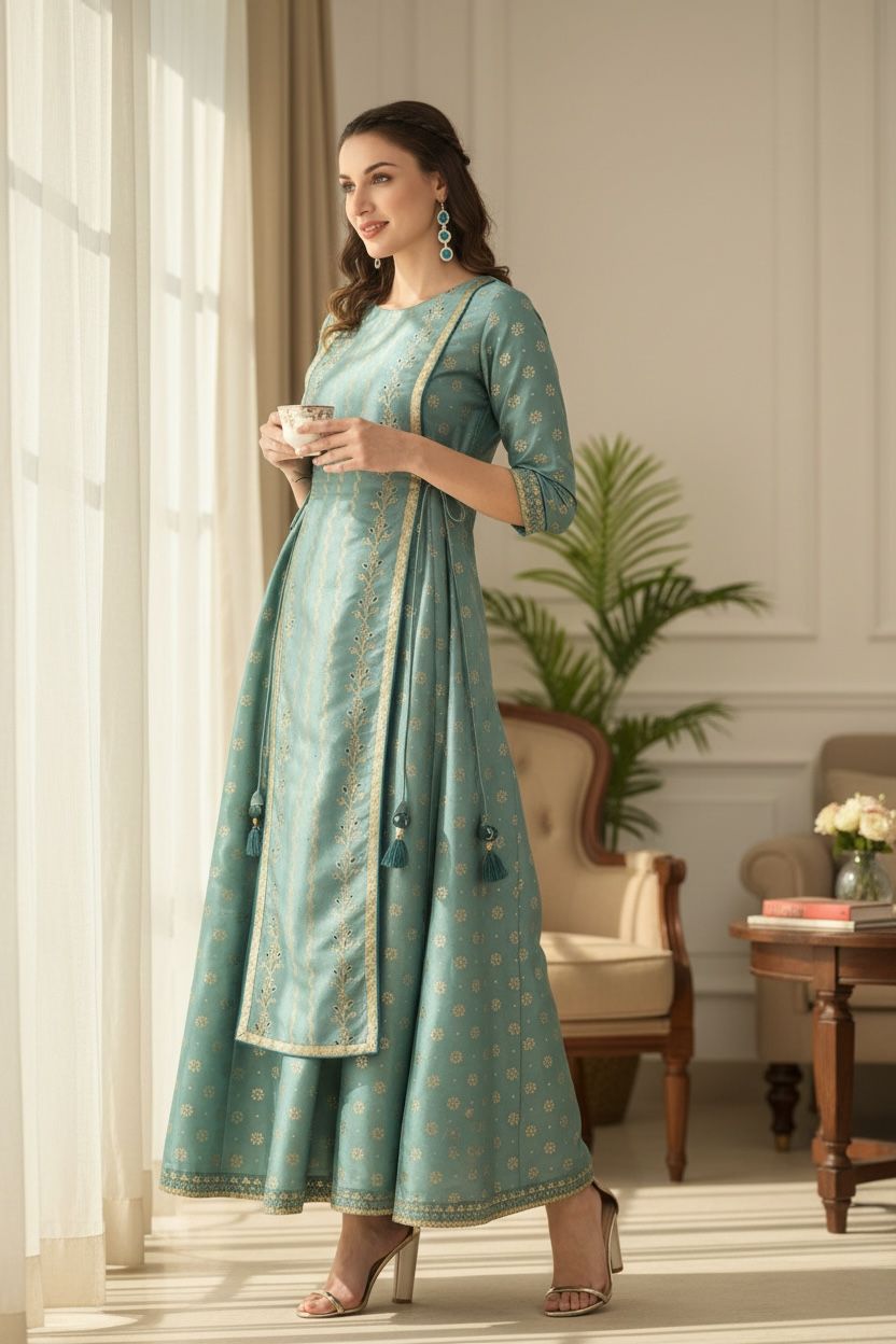 Women's Silk Blend Foil Printed Flared Ethnic Ankle Length Kurta Dress