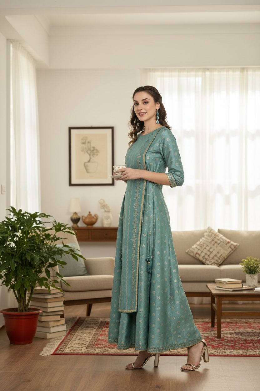 Women's Silk Blend Foil Printed Flared Ethnic Ankle Length Kurta Dress