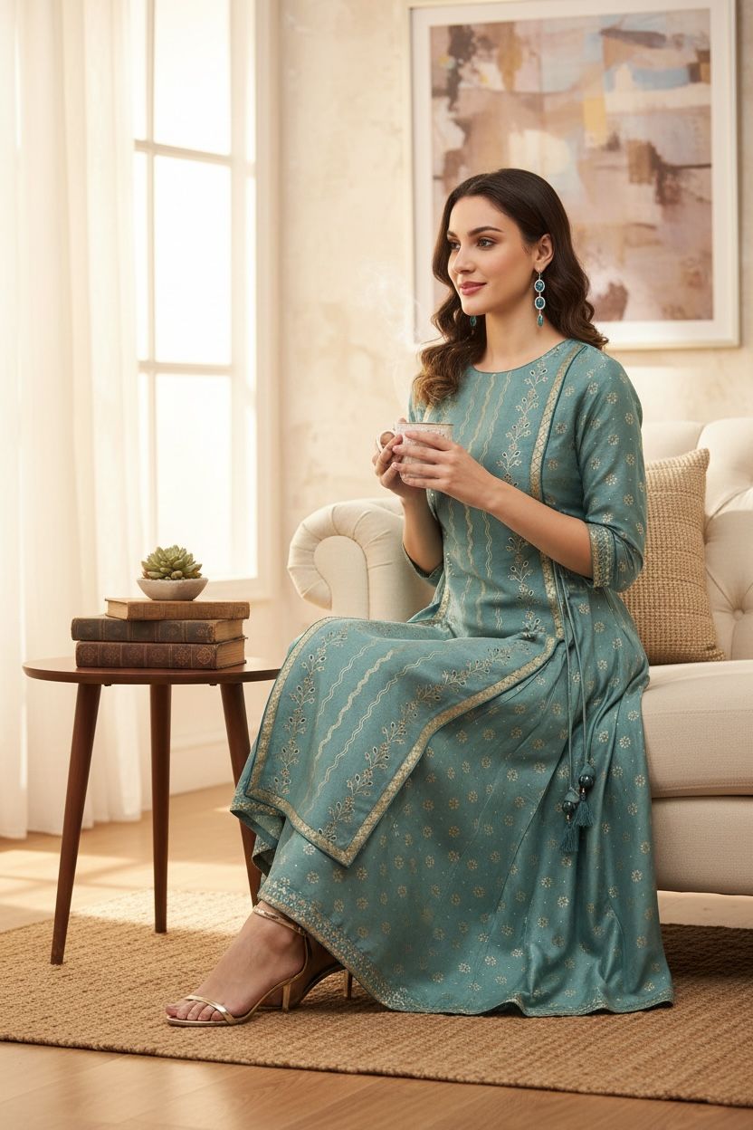 Women's Silk Blend Foil Printed Flared Ethnic Ankle Length Kurta Dress