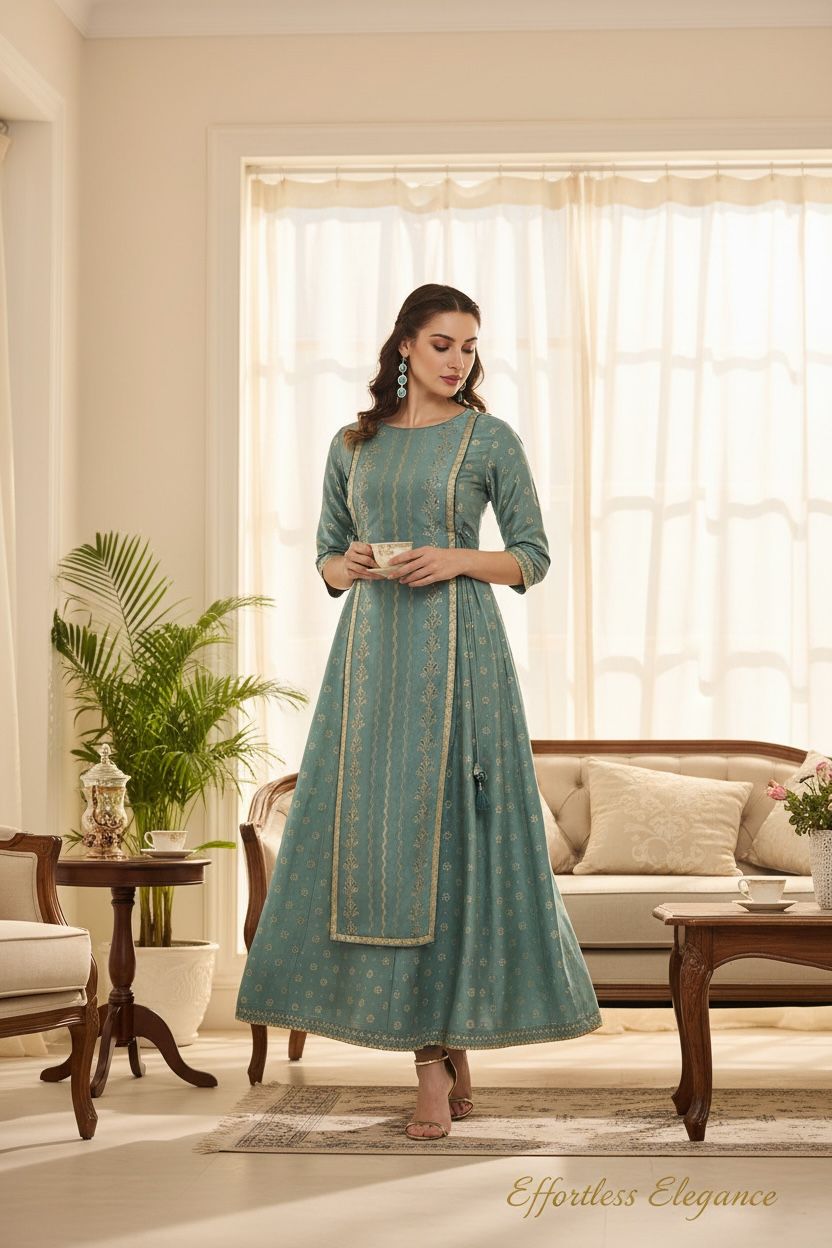 Women's Silk Blend Foil Printed Flared Ethnic Ankle Length Kurta Dress