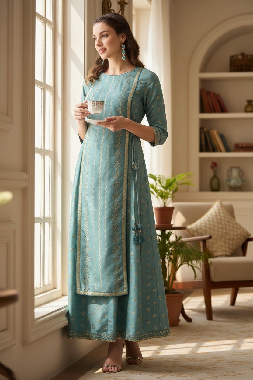 Women's Silk Blend Foil Printed Flared Ethnic Ankle Length Kurta Dress